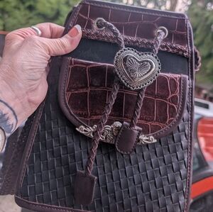 Brown and Black tooled leather cross body shoulder Bag.